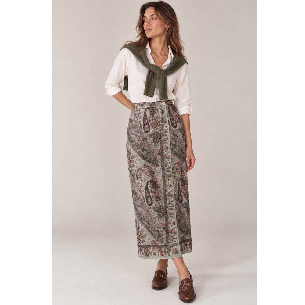 Talbots 100% Silk Paisley Maxi 10 Green Pink Faux Wrap Column Skirt Vintage